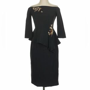 NWT THEIA Off-The-Shoulder Peplum Cocktail Dress - Floral Appliqué - Black - 0